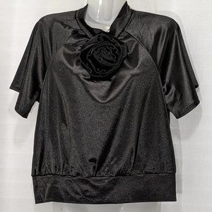 EMBER Women's Satin Ruched Front Short Sleeve Top Blouse Sz M Black NWT